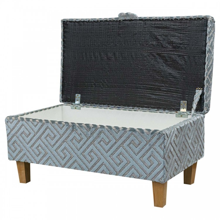 Ottoman in Extravaganza Meander Line Blue Slate Fabric | Beaumont