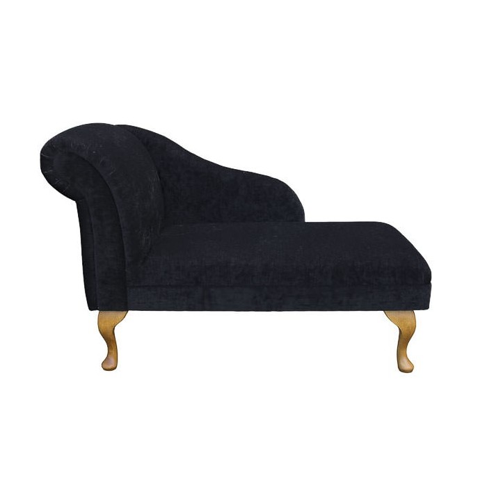 45" Chaise Longue in a Velluto Ebony Black Chenille Fabric with Light Queen Anne Hardwood Legs - VEL225