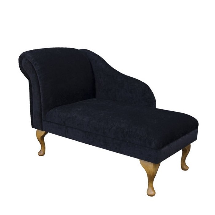 45" Chaise Longue in a Velluto Ebony Black Chenille Fabric with Light Queen Anne Hardwood Legs - VEL225