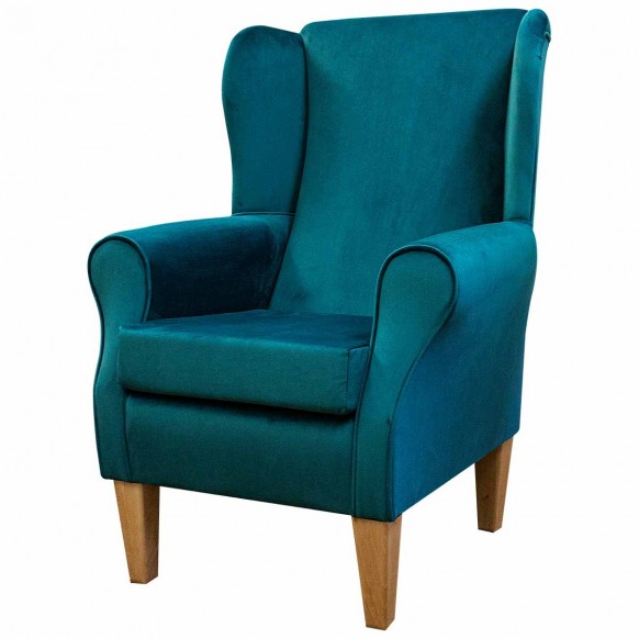 Standard Wingback Fireside Westoe Chair in a Malta Peacock Deluxe Velvet Fabric
