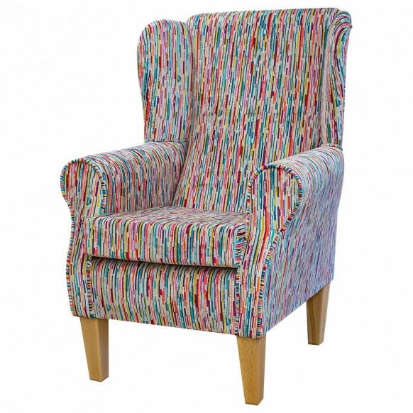 LUXE Standard Wingback Fireside Chair in an Extravaganza Stripe Burst Rainbow Fabric