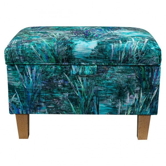 Storage Footstool Ottoman Pouffe Toybox in Maestro Mir Floral Teal Printed Velvet Fabric
