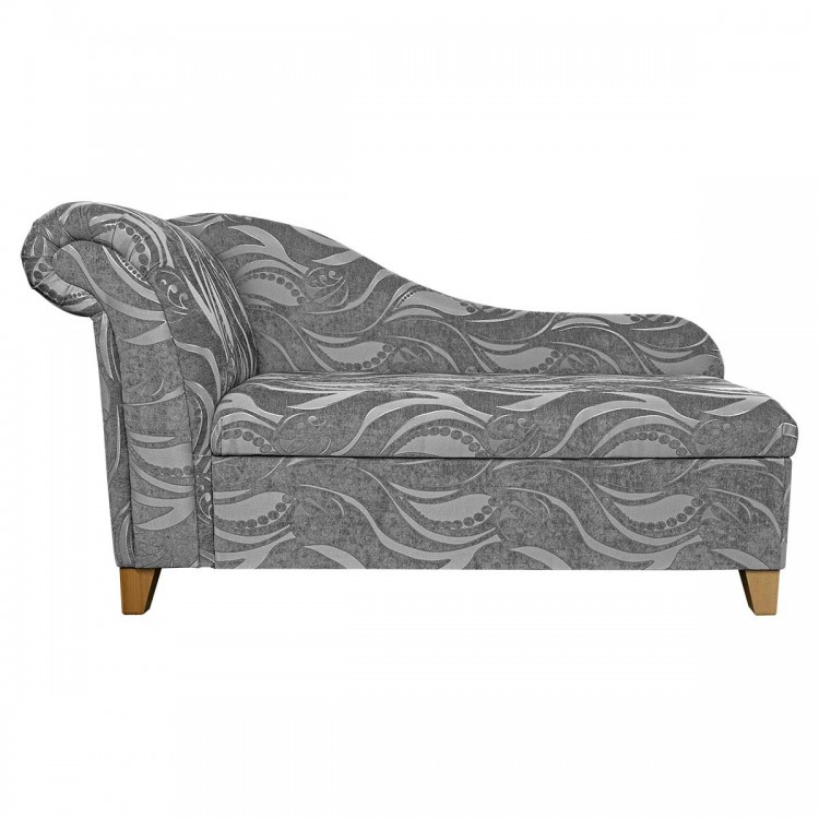 Storage Chaise Longue in Zest Tribal Flower Silver Fabric | Beaumont