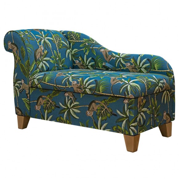 45" Storage Chaise Longue in a Monkey Teal 100% Cotton Print Fabric