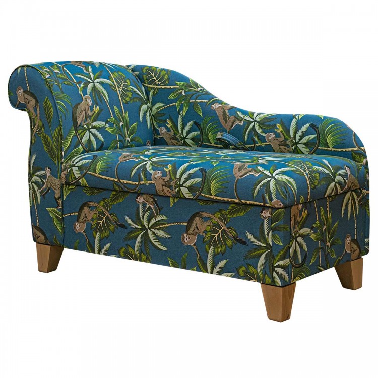 Storage Chaise Longue in Fryetts Monkey Teal Fabric | Beaumont