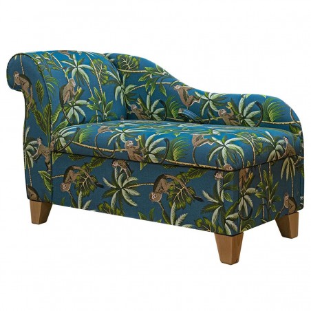 Storage Chaise Longue in Fryetts Monkey Teal Fabric | Beaumont