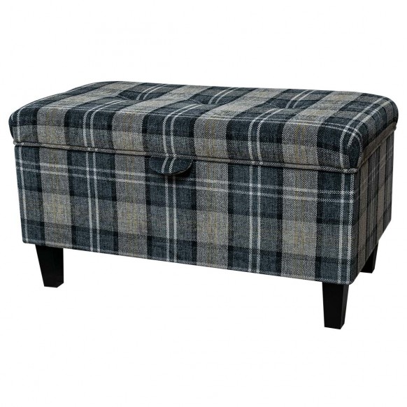 Buttoned Storage Ottoman in Lana Granite Plaid Tartan Fabric | Beaumont
