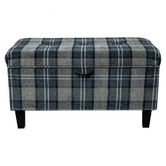 LUXE Storage Ottoman in a Lana Granite Plaid Tartan Fabric with Fabric Buttoned Lid
