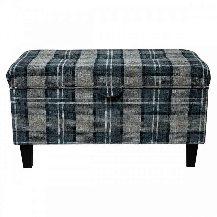 Buttoned Storage Ottoman in Lana Granite Plaid Tartan Fabric | Beaumont