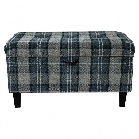 Buttoned Storage Ottoman in Lana Granite Plaid Tartan Fabric | Beaumont