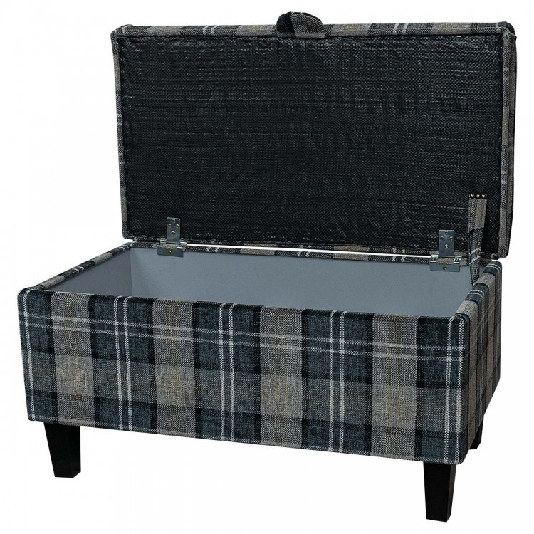 Buttoned Storage Ottoman in Lana Granite Plaid Tartan Fabric | Beaumont