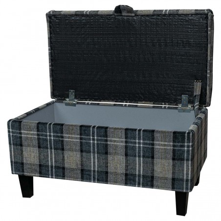 Buttoned Storage Ottoman in Lana Granite Plaid Tartan Fabric | Beaumont