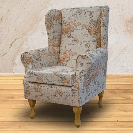Standard Wingback Chair in Fryetts Maps Multi Cotton Fabric | Beaumont