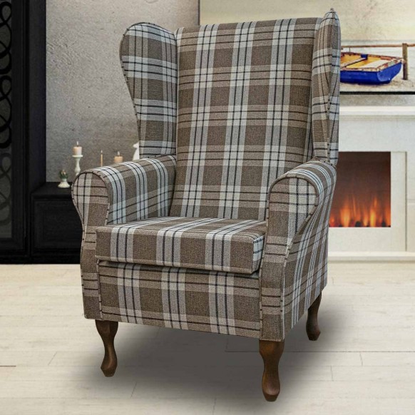 Large High Back Chair in Kintyre Chestnut Tartan Fabric | Beaumont