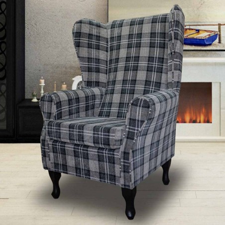 Large High Back Chair in Lana Granite Tartan Fabric LAN1260 | Beaumont