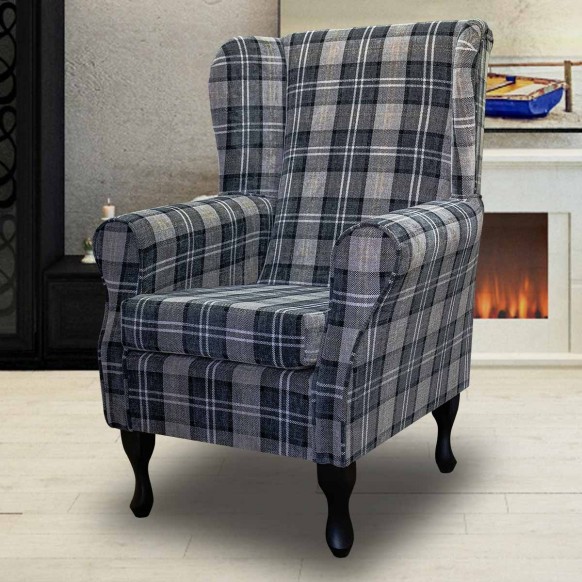 Wingback Chair in Lana Granite Plaid Tartan Fabric LAN1260 | Beaumont
