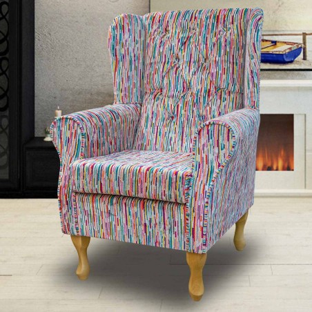 Wingback Chair in Extravaganza Stripe Rainbow Fabric EXT2542 | Beaumont