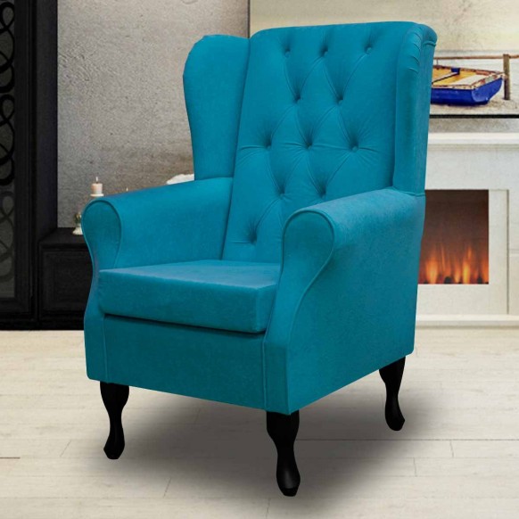Buttoned Wingback Chair in a Plush Light Blue Fabric | Beaumont