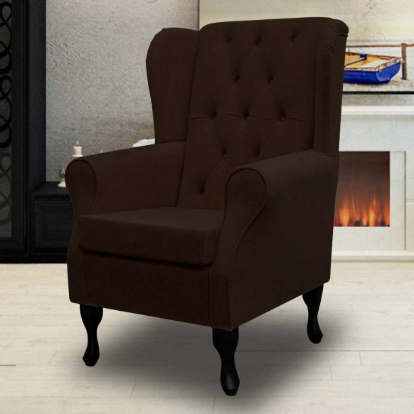 Buttoned Wingback Chair in a Plush Chocolate Brown Fabric | Beaumont