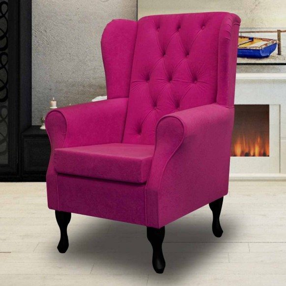 Buttoned Wingback Chair in a Plush Fuchsia Pink Fabric | Beaumont