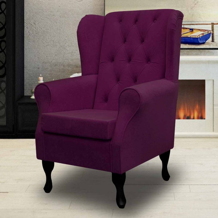 Buttoned Wingback Chair in a Plush Plum Purple Fabric | Beaumont