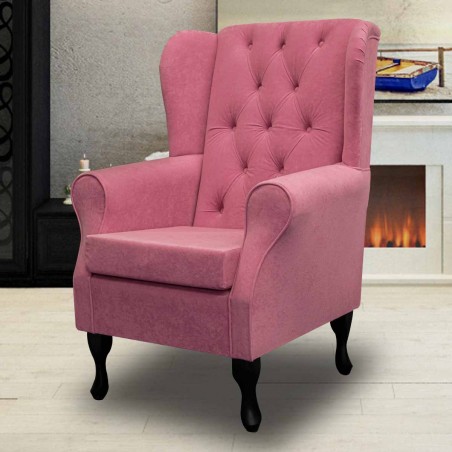 Buttoned Wingback Chair in a Plush Flamingo Pink Fabric | Beaumont