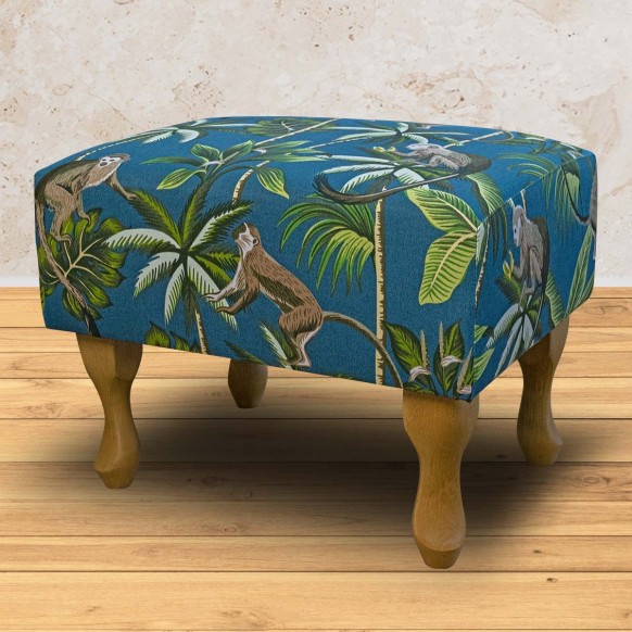 Handmade Footstool in Fryetts Monkey Teal Fabric | Beaumont
