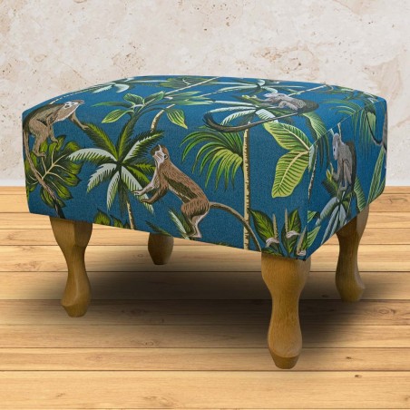 Handmade Footstool in Fryetts Monkey Teal Fabric | Beaumont