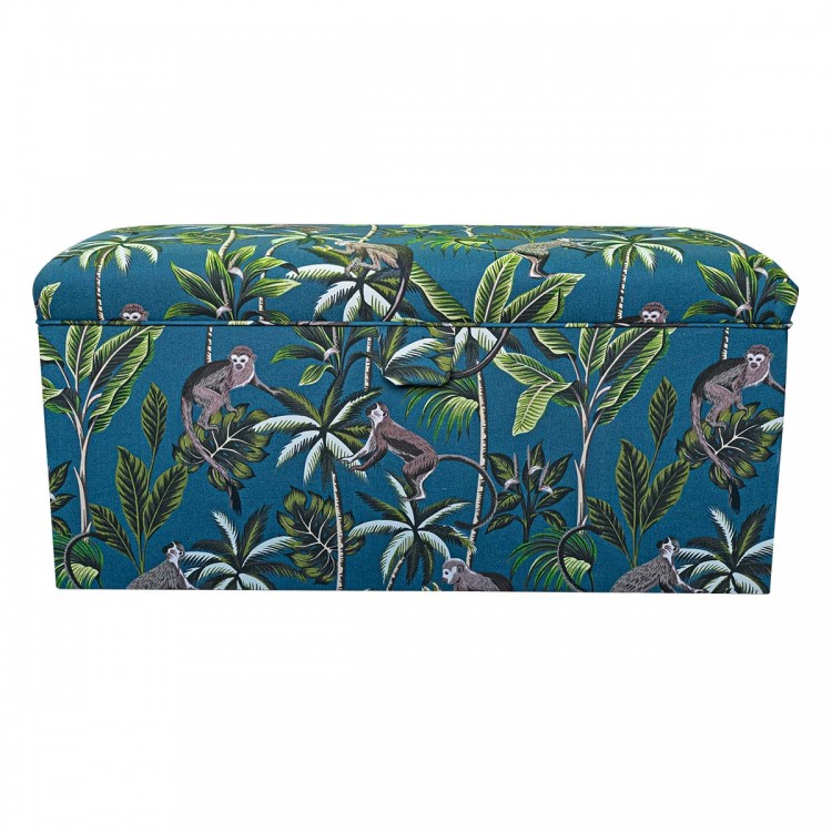 Storage Bench Ottoman in Fryetts Monkey Teal Print Fabric | Beaumont