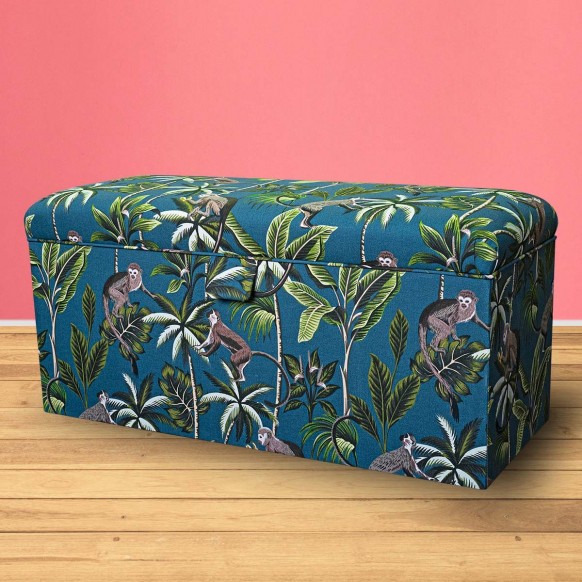 Storage Bench Ottoman in Fryetts Monkey Teal Print Fabric | Beaumont