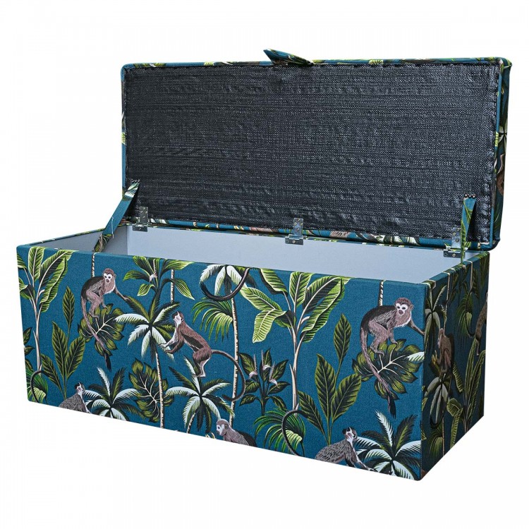 Storage Bench Ottoman in Fryetts Monkey Teal Print Fabric | Beaumont