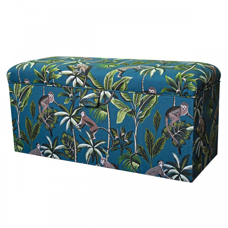 Storage Bench Ottoman in Fryetts Monkey Teal Print Fabric | Beaumont