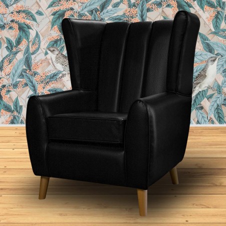 Unique Wingback Chair in Black Faux Leather with a Fluted Design