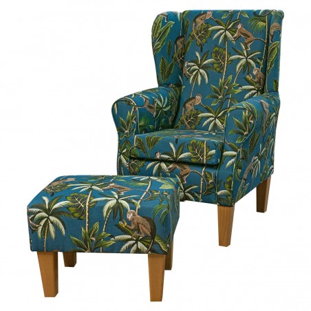 Standard Wingback Chair & Stool in Fryetts Monkey Teal Fabric | Beaumont