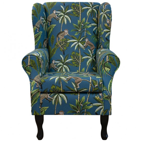 Standard Wingback Fireside Westoe Chair & Matching Footstool in Monkey Teal 100% Cotton Print Fabric
