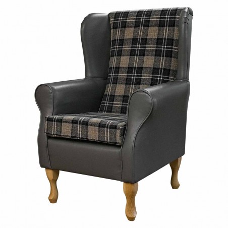 Grey Checked Tartan and Leather Chair / Fireside Chair for Sale