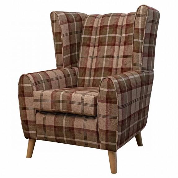 LUXE Fluted Wingback Chair in Balmoral Mulberry Tartan Fabric