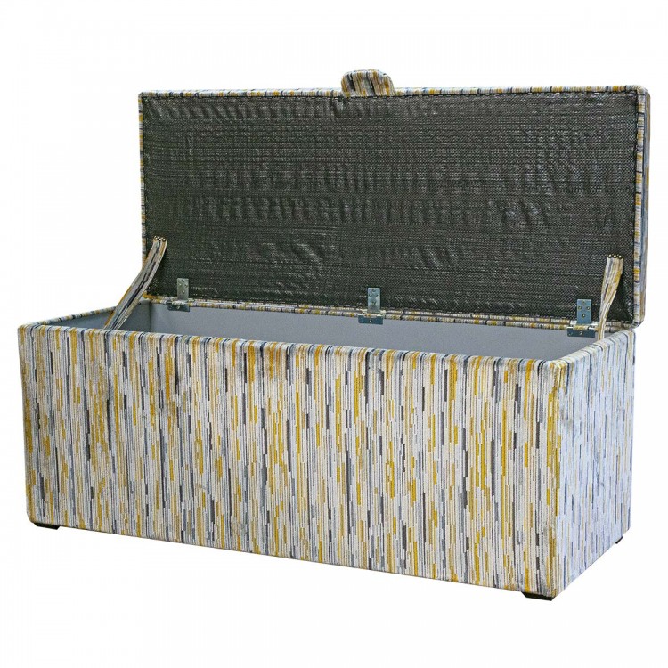 Storage Bench Ottoman in Extravaganza Stripe Mustard Fabric | Beaumont