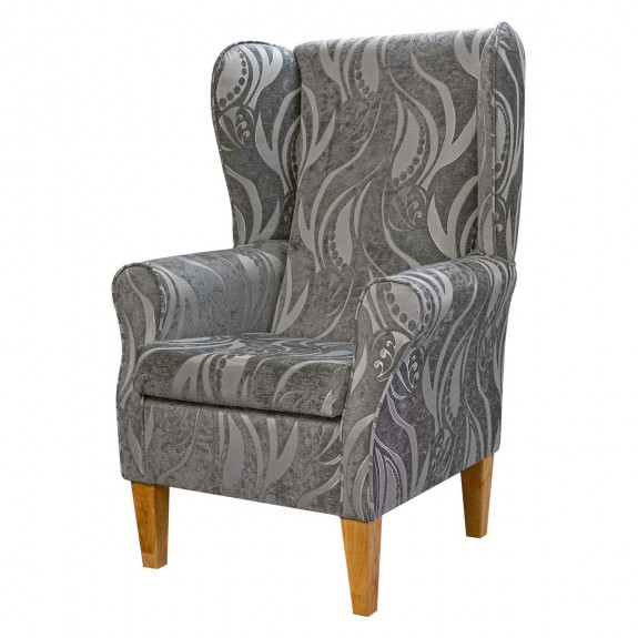 Large High Back Chair in Zest Tribal Flower Silver Fabric