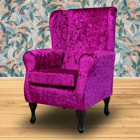 Wingback Chair in a Shimmer Fuchsia Crushed Velvet Fabric | Beaumont