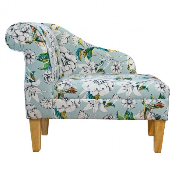 36" Compact Chaise Longue in Meastro Rembrandt Hummingbird Duck Egg Printed Velvet Fabric