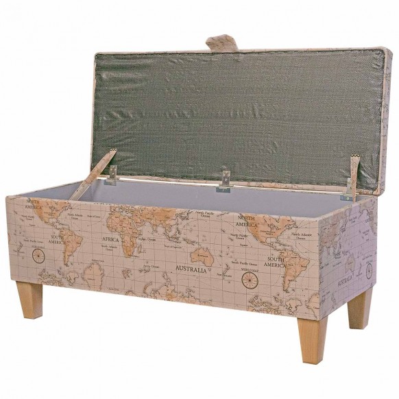 Storage Bench Stool in Maps Multi 100% Cotton Fabric