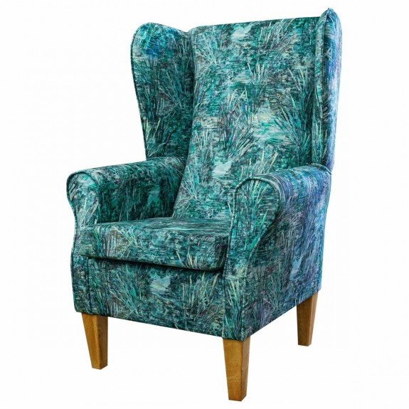 Large High Back Chair in Maestro Mir Floral Teal Printed Velvet Fabric