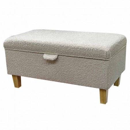 beige boucle fabric footstool with storage