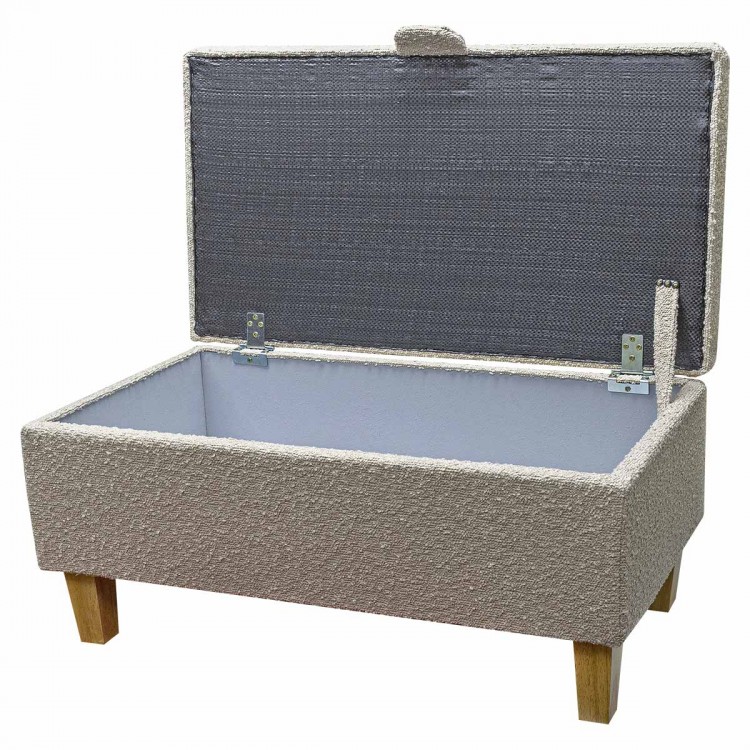 beige boucle footstool with storage