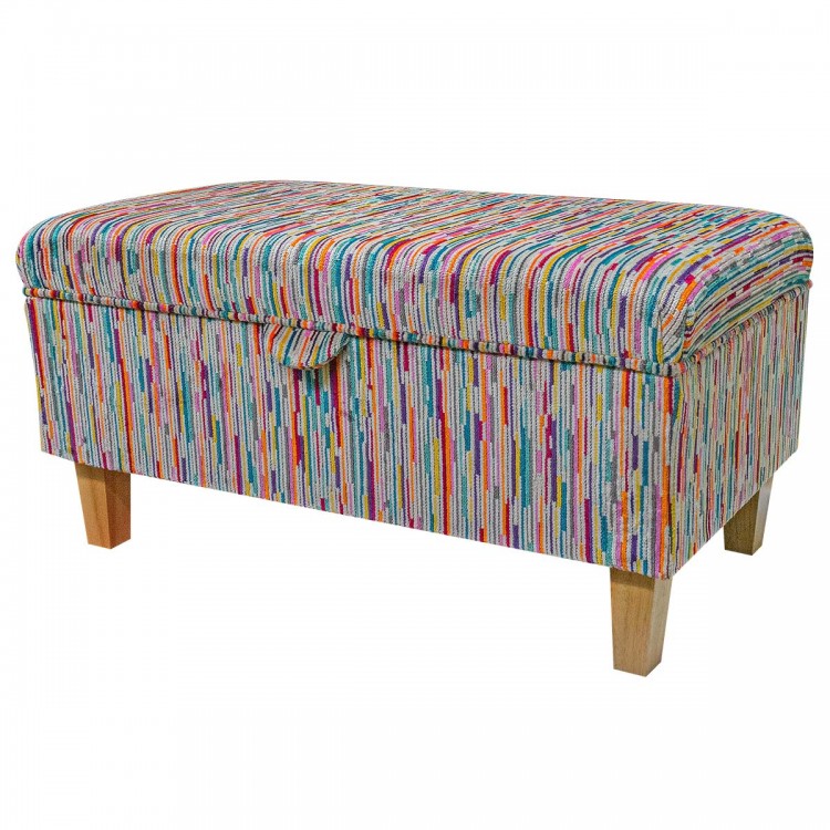 Storage Footstool in Extravaganza Stripe Burst Rainbow Fabric | Beaumont