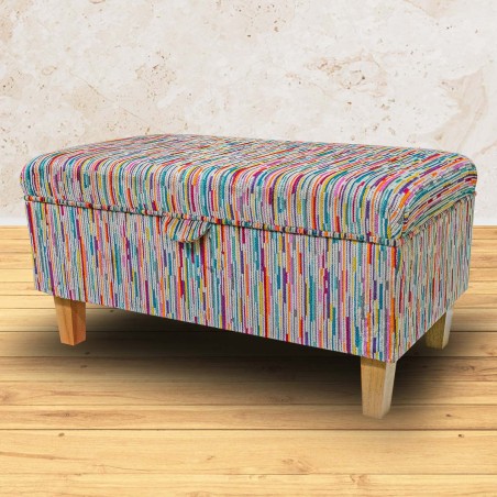 Storage Footstool in Extravaganza Stripe Burst Rainbow Fabric | Beaumont