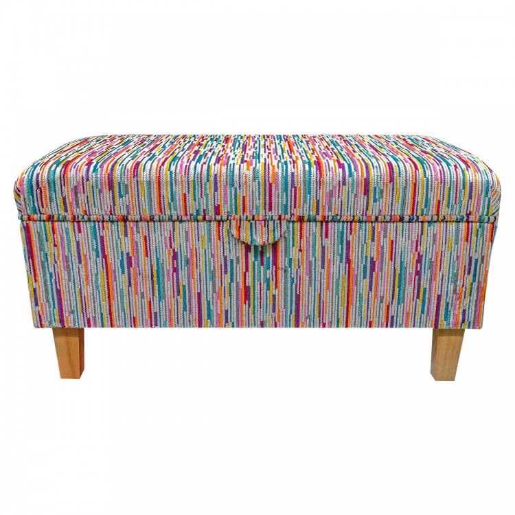 Storage Footstool in Extravaganza Stripe Burst Rainbow Fabric | Beaumont