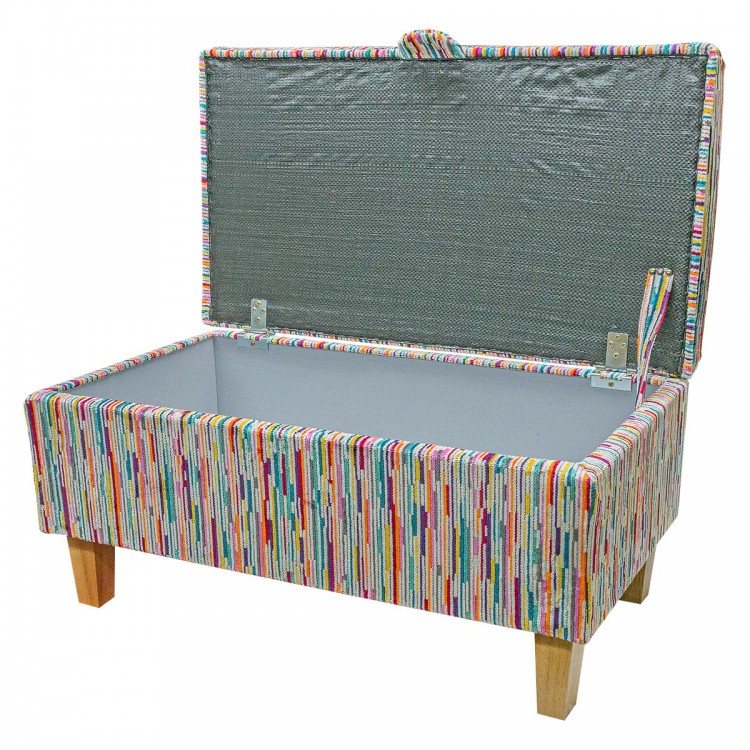 Storage Footstool in Extravaganza Stripe Burst Rainbow Fabric | Beaumont