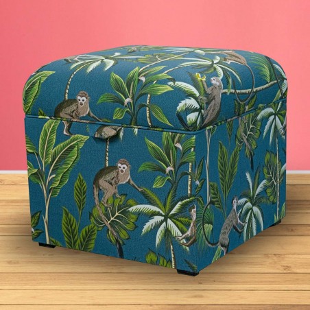 Square Storage Pouffe in Monkey Teal 100% Cotton Fabric| Beaumont